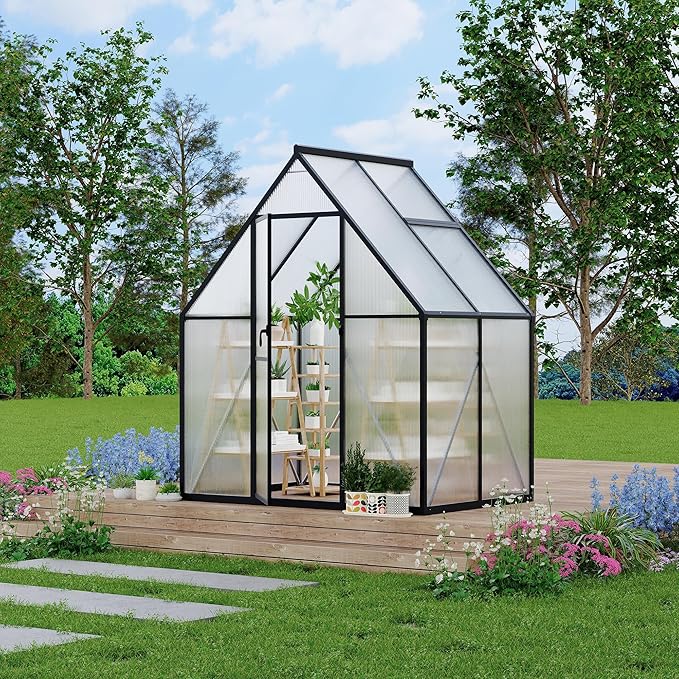 6X4 ft Polycarbonate Greenhouse with Aluminum Frame, Polycarbonate Greenhouse for Outdoors, Greenhouses with Ventilation and Rain Gutter, Aluminum Large Walk-in Greenhouses for Outside