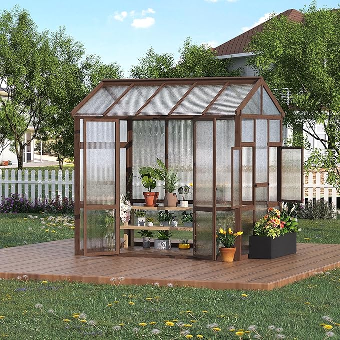 6x8 FT Wooden Greenhouse for Outdoor - Heavy Duty Walk-in Green House Kit with 6mm Polycarbonate, Ventilated Window & Lockable Door for Backyard, Patio, Lawn