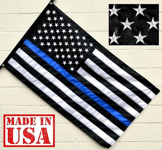 US Flag Factory 3x5 FT American Thin Blue Line Flag (Embroidered Stars, Sewn Stripes) for Police Officers - Blue Lives Matter Flag - 100% Made in America - Outdoor SolarMax Nylon