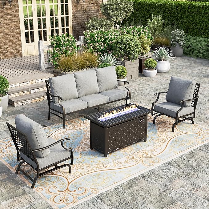 HERA'S HOUSE 4 Pieces Patio Furniture Set with Fire Pit Table, 2 x Rocking Chair, 3-Seat Sofa with 45" Fire Pit Table, Outdoor Conversation Set for Garden Poolside Backyard, Grey
