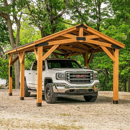 Backyard Discovery Norwood 20 ft. x 12 ft. All Cedar Wooden Carport Pavilion Gazebo with Hard Top Steel Roof Light Brown