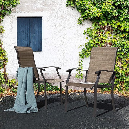 NUU GARDEN 4 Piece Outdoor Patio Dining Chairs, Textilene Dining Chairs with High Back, Patio Furniture Chairs with Armrest, Iron Frame for Lawn Garden Backyard Deck, Black and Brown