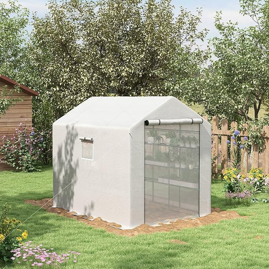 Outsunny 8' x 6' x 7' Walk-in Greenhouse, PE Cover, 4-Tier Shelves, Steel Frame Hot House, Roll-Up Zipper Door for Flowers, Vegetables, Saplings, Tropical Plants, White