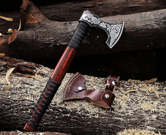 Viking Axe | 18" Carbon Steel Throwing Hatchet with Ash Wood Handle & Leather Sheath | Etched Norse Design, Functional & Collectible Gift(WCA-017)