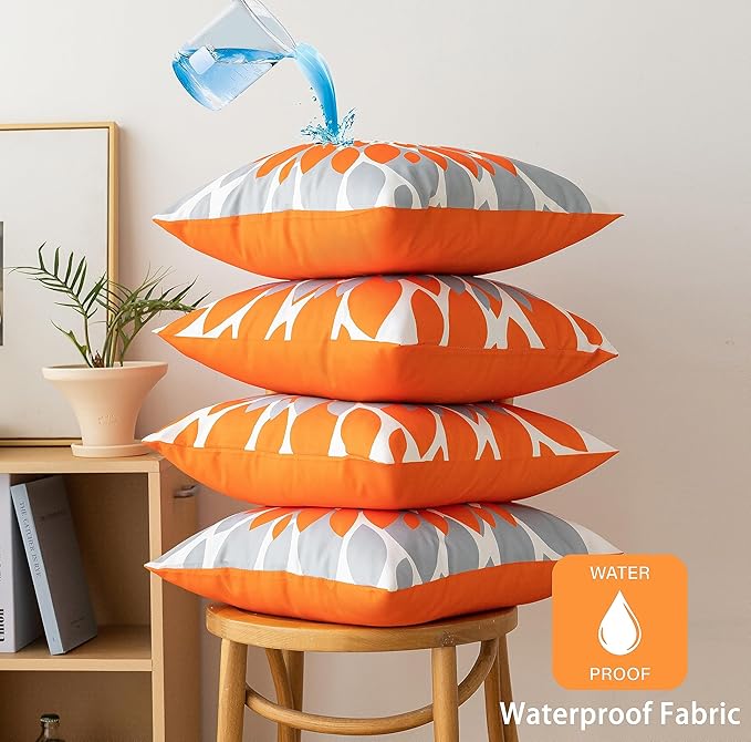 Qahing Pack of 4 Fall Outdoor Waterproof Pillow Covers 16x16 Decorative Outdoor Throw Pillows Garden Square Cushion Cases for Patio Furniture, Couch, Tent Sunbrella, Bench, Orange Grey