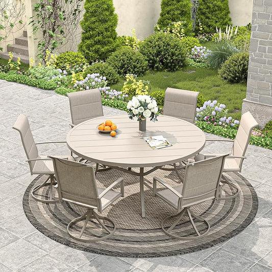 VICLLAX 53" Outdoor Round Patio Dining Table for 8, All Weather Metal Dining Table with Umbrella Hole for Deck Lawn Garden Backyard, Sandshell