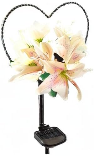 Starryfill Garden Solar Lights Outdoor Heart-Shaped with White Lily Flowers, Metal Stake Lights with 25led Warm White Decorative for Remembrance Gifts Cemetery Decorations Birthday's Day