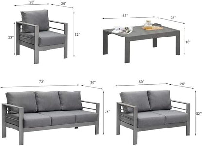 Solaste Aluminum Patio Furniture Set for All Weather, Oversized Metal Outdoor Furniture Set with 27.5" Deep Seating and 3.2" Wide Armrest, Outdoor Patio Conversation Set with 5" Cushion, Grey