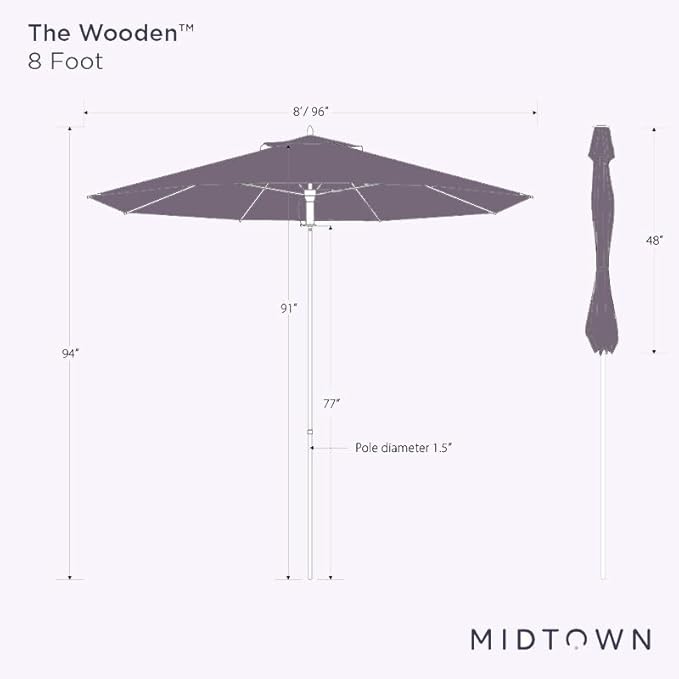 Midtown Umbrellas The Wooden 8 Feet Patio Umbrella With Terylast Midtown Purple Polyester Fabric - Aluminum Frame Market Umbrella For Backyard, Deck, Garden, Pool - Wooden Pole