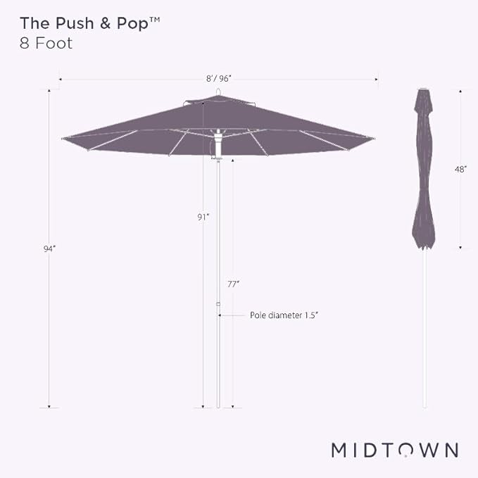 Midtown Umbrellas Push Pop Sunbrella Umbrella 8 Feet Outdoor Umbrella in Canvas Tuscan Acrylic Fabric - Patio, Backyard, Garden, Picnic Table & Pool - Black Pole