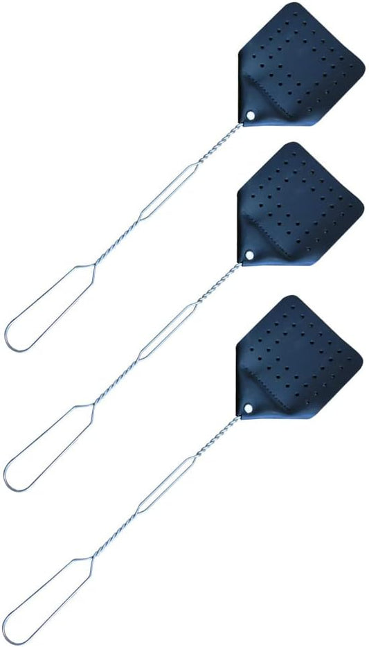 Leather Fly Swatter Set (3 Pack) – 17” Amish-Made Fly Swat w/Real Leather Paddle – Fly Swatters Multi Pack w/Metal Handle – Bug Swatter, Mosquito Swatter, Wasp Swatter (Black)