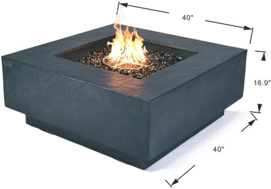 Elementi+ | Bergen Gas Fire Pit Cast Concrete 40" Square Fire Table, Outdoor Fire Pit Electronic Ignition | Canvas Cover, Fire Glass and Burner Lid Included | Dark Gray | Propane Gas