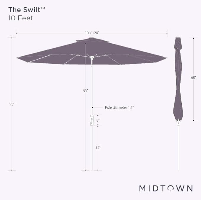 Midtown Umbrellas The Swilt 10 Feet Patio Umbrella in Sunbrella Black & White Acrylic Fabric - Fiberglass Ribs, Auto-Tilt Aluminum Frame For Backyard, Deck, Garden, Pool - White Pole