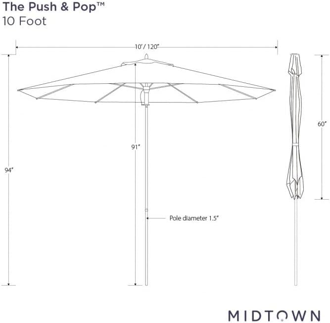 Midtown Umbrellas Push and Pop 10 Feet Outdoor Umbrella, Off Cream Polyester Fabric - Fiberglass Ribs Deck Patio Umbrella, Backyard Umbrella, Garden Umbrella & Pool Umbrella - Black Pole