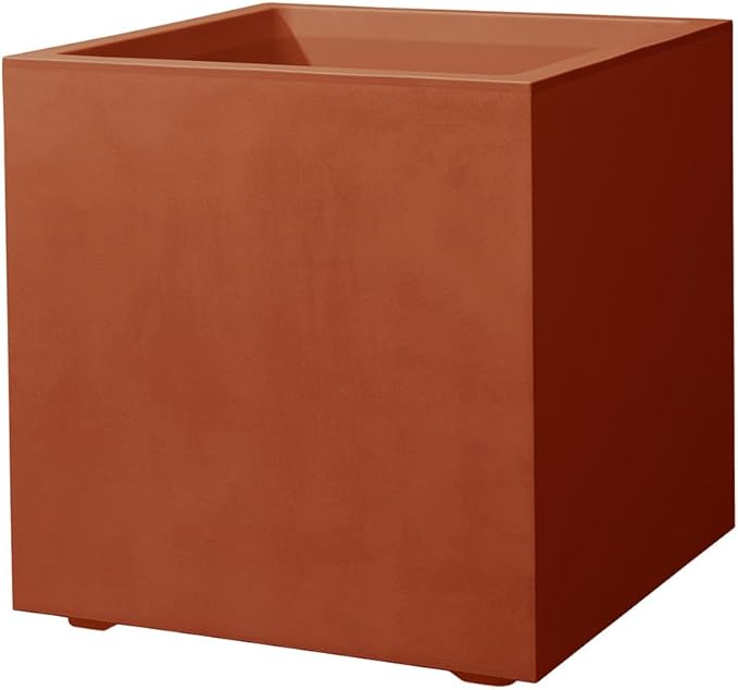 Deroma Millennium 15” Cube Planter | Light & Durable Plastic | Indoor or Outdoor Square Pot for Patio/Porch | Includes Water Reserve & Drain Plug | Trendy Planter for Plants, Flowers, Garden | Rust