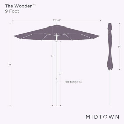 Midtown Umbrellas The Wooden 9 Feet Patio Umbrella With Terylast Navy Stripes (Navy/White Stripes) Polyester Fabric - Aluminum Frame Market Umbrella For Backyard, Deck, Garden, Pool - Wooden Pole