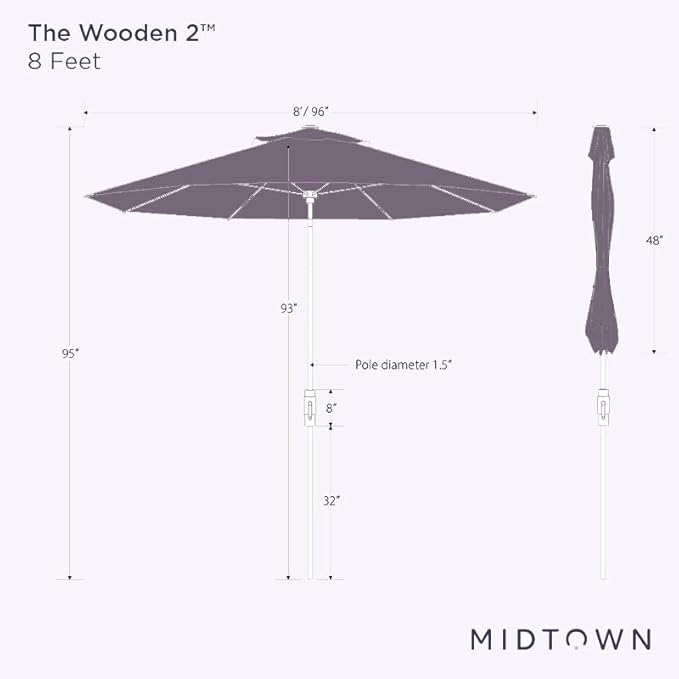 Midtown Umbrellas Sunbrella Umbrella Outdoor Patio Umbrella 2-8 Feet in Terracotta Acrylic Fabric - Auto-Tilt Aluminum Frame For Backyard Umbrella, Deck Umbrella & Porch Umbrella - Wooden Pole