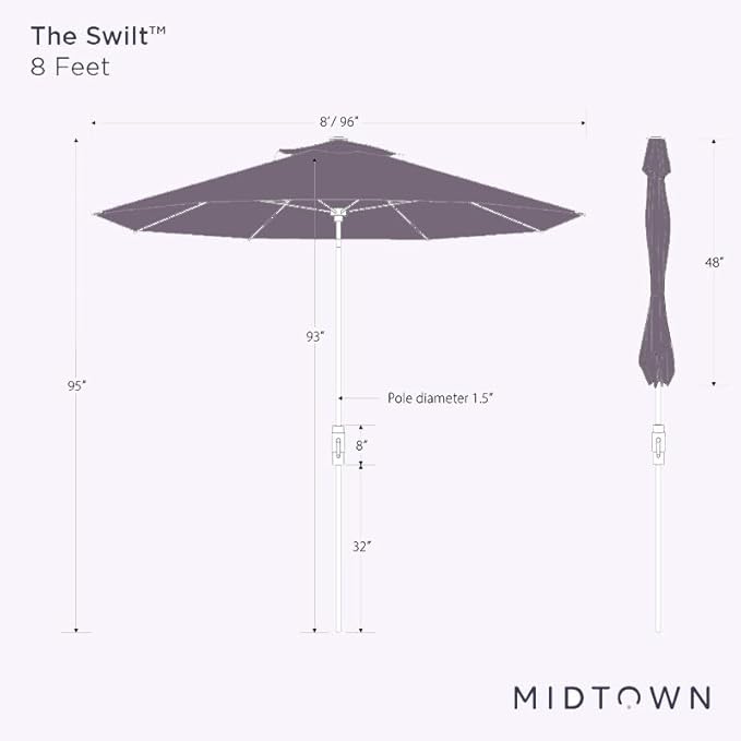 Midtown Umbrellas The Swilt 8 Feet Patio Umbrella in Sunbrella Black & White Acrylic Fabric - Fiberglass Ribs, Auto-Tilt Aluminum Frame For Backyard, Deck, Garden, Pool - White Pole