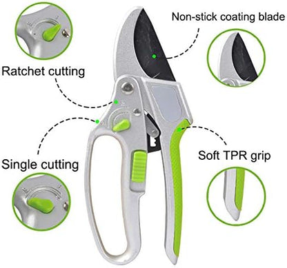 Garden Guru Ratchet Hand Pruning Shears - 2 in 1 Professional Garden Clippers with Ergonomic Grip - Makes Tough Cuts Easy (4 Pack)