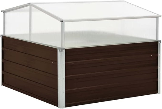 Galvanized Steel Greenhouse, Raised Garden Bed with Greenhouse, Metal Planter Box with Polycarbonate Mini Greenhouse, Brown 39.4"x39.4"x33.5" Galvanized Steel,-106