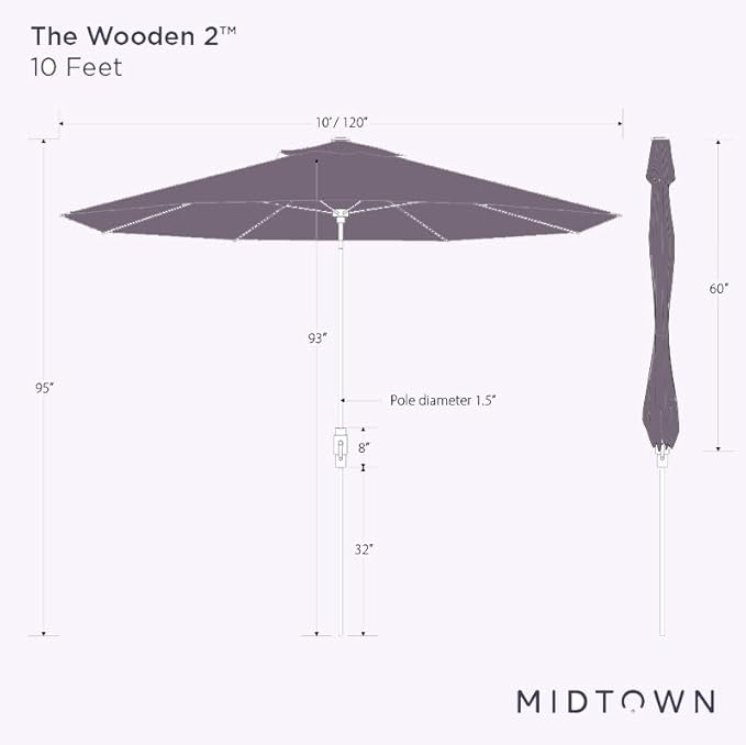 Midtown Umbrellas Sunbrella Umbrella Large Patio Umbrella 2-10 Feet in Canvas Tuscan Fabric, Auto-Tilt Aluminum Frame Backyard Umbrella, Deck Umbrella, Garden Umbrella & Porch Umbrella - Wooden Pole