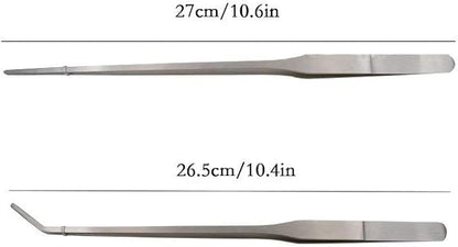 LGEGE 2pcs Long Handle Stainless Steel Straight and Curved Tweezers Nippers for Garden, Kitchen, Indoors and Outdoors