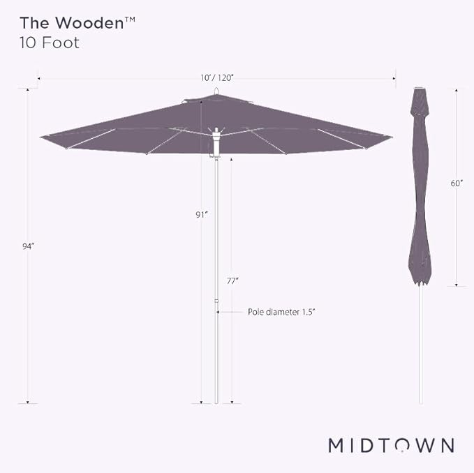 Midtown Umbrellas The Wooden 10 Feet Patio Umbrella With Terylast Matter (Grey) Polyester Fabric - Aluminum Frame Market Umbrella For Backyard, Deck, Garden, Pool - Wooden Pole