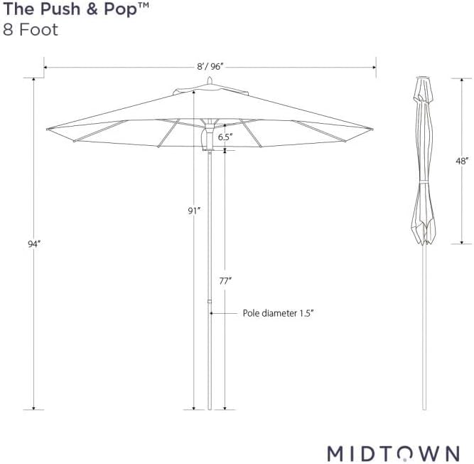 Midtown Umbrellas The Wooden 8 Feet Patio Umbrella With Terylast Light Navy Polyester Fabric - Aluminum Frame Market Umbrella For Backyard, Deck, Garden, Pool - Wooden Pole