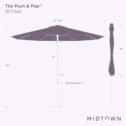 Midtown Umbrellas Push and Pop 10 Feet Outdoor Umbrella, Cobalt (Blue) Polyester Fabric - Fiberglass Ribs Deck Patio Umbrella, Backyard Umbrella, Garden Umbrella & Pool Umbrella - Black Pole