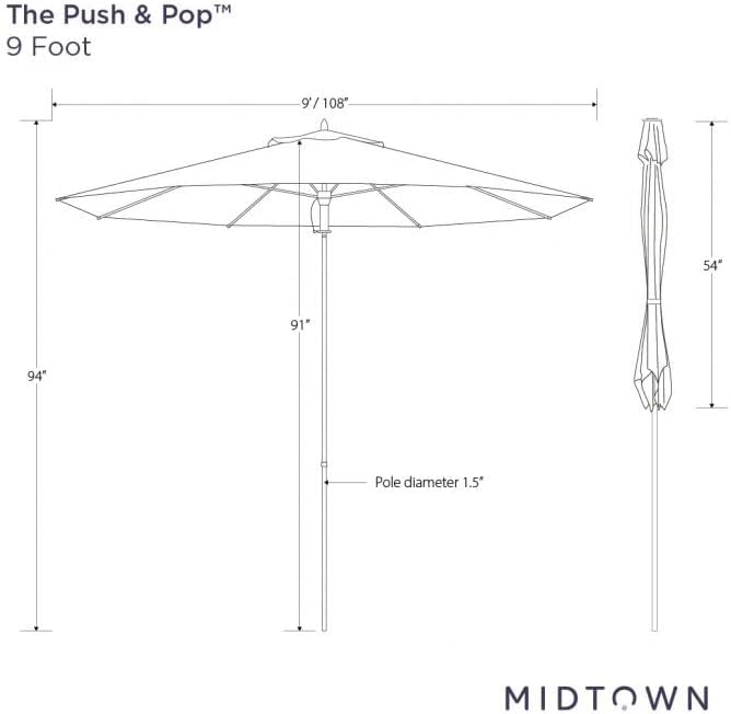 Midtown Umbrellas Push and Pop 9 Feet Outdoor Umbrella, Pear Stripes Polyester Fabric - Fiberglass Ribs Deck Patio Umbrella, Backyard Umbrella, Garden Umbrella & Pool Umbrella - Black Pole