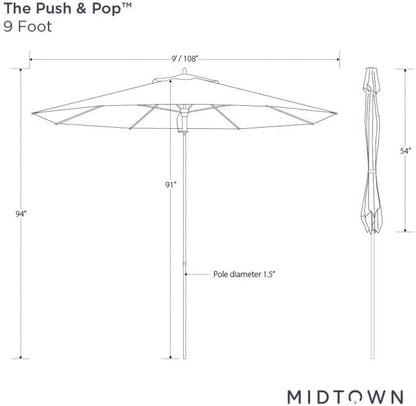 Midtown Umbrellas Push and Pop 9 Feet Outdoor Umbrella, Midtown Purple Polyester Fabric - Fiberglass Ribs Deck Patio Umbrella, Backyard Umbrella, Garden Umbrella & Pool Umbrella - Black Pole