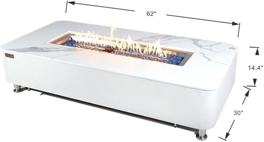 Elementi+ | Bundle Athens Gas Fire Pit | Concrete Body & Marble Porcelain Top | 62" Rectangular Fire Table | Electronic Ignition | Canvas Cover, Fire Glass, Burner Lid & More | White | Natural Gas