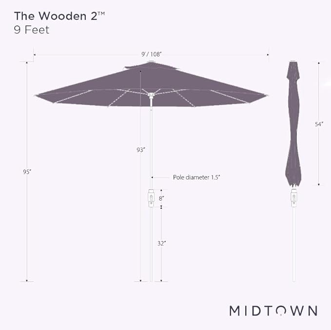 Midtown Umbrellas Sunbrella Umbrella Outdoor Patio Umbrella 2-9 Feet in Forrest Green Acrylic Fabric, Auto-Tilt Aluminum Frame For Backyard Umbrella, Deck Umbrella & Porch Umbrella - Wooden Pole