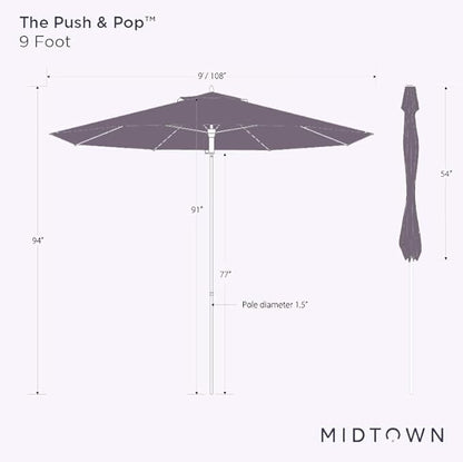 Midtown Umbrellas Push and Pop 9 Feet Outdoor Umbrella, Sand (Tan) Polyester Fabric - Fiberglass Ribs Deck Patio Umbrella, Backyard Umbrella, Garden Umbrella & Pool Umbrella - Black Pole