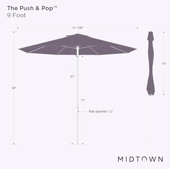 Midtown Umbrellas Push and Pop 9 Feet Outdoor Umbrella, Ivory (White) Polyester Fabric - Fiberglass Ribs Deck Patio Umbrella, Backyard Umbrella, Garden Umbrella & Pool Umbrella - Black Pole