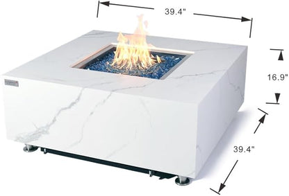 Elementi+ | Bundle Bianco Gas Fire Pit | Marble Porcelain & Metal Frame | 40" Square Fire Table | Electronic Ignition | Canvas Cover, Fire Glass & Burner Lid Included | White | Propane Gas
