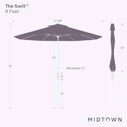 Midtown Umbrellas The Swilt 9 Feet Patio Umbrella in Sunbrella Bay Brown Acrylic Fabric - Fiberglass Ribs, Auto-Tilt Aluminum Frame For Backyard, Deck, Garden, Pool - White Pole