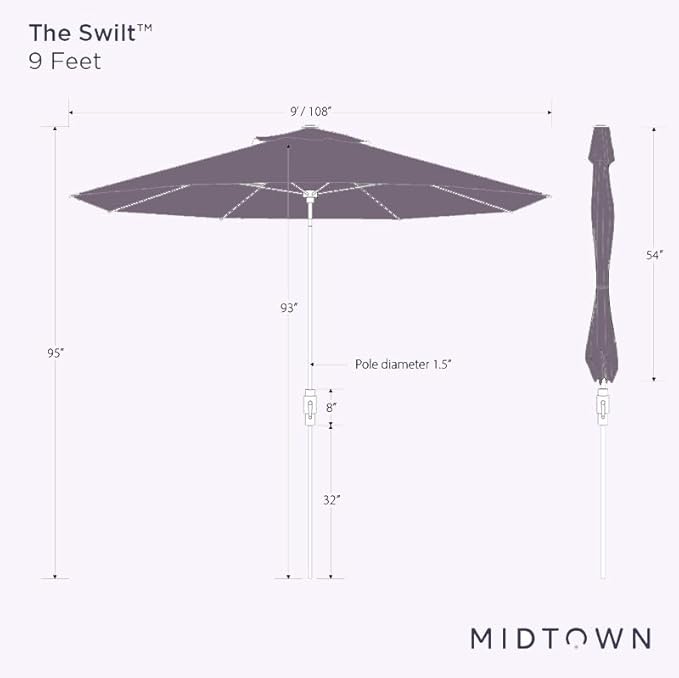 Midtown Umbrellas The Swilt 9 Feet Patio Umbrella in Sunbrella Forest Green Acrylic Fabric - Fiberglass Ribs, Auto-Tilt Aluminum Frame For Backyard, Deck, Garden, Pool - White Pole