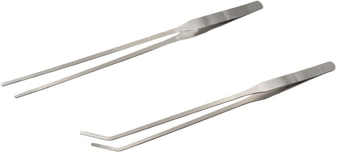 LGEGE 2pcs Long Handle Stainless Steel Straight and Curved Tweezers Nippers for Garden, Kitchen, Indoors and Outdoors