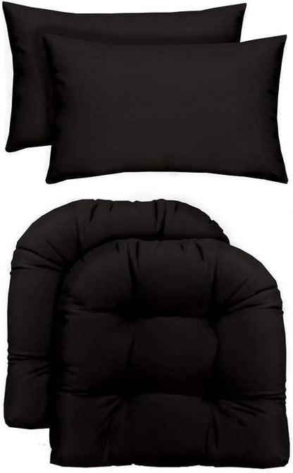 RSH DECOR: Tufted U-Shapes & Lumbars 2 of Each | 22" x 22” & 20" x 12" | Water-Resistant Spun Fabric | Outdoor Wicker Cushions & Support Pillows for Patio Furniture | Black