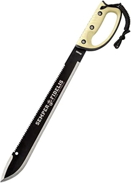 United Cutlery USMC Semper Fi Sawback Machete Knife with Sheath | Full-Tang Machete | 17 1/2" Non-Reflective Stainless Steel Blade | Saber-Style Handguard Handle | Modern Tactical Weapon - 24” Overall