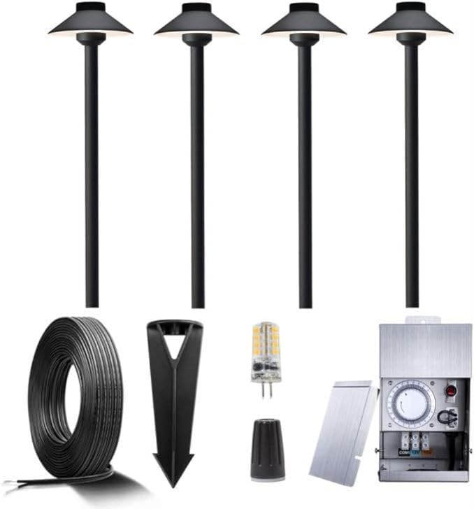 Gardenreet 12V Brass Landscape Black Path Lighting Kit (4 Pack Path Lights) with 75W Low Voltage Transformer and 100 Feet Cable and 20Pack Wire Connectors for Outdoor House Garden Patio Walkway