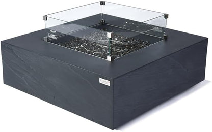 Elementi+ | Bundle Roraima Gas Fire Pit Cast Concrete 40" Square Fire Table, Outdoor Fire Pit Electronic Ignition | Canvas Cover, Fire Glass and Burner Lid Included | Dark Gray | Natural Gas