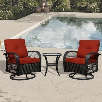 Patio Furniture Set Swivel Rocker, Outdoor Patio Chairs, 3 Piece Suit Porch Furniture Rocking Set, Backyard Rocker Rattan Chair, with Thickened Cushions and Glass Coffee Table(Wine Red)