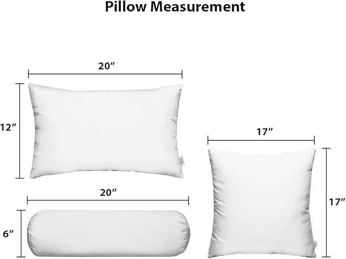 RSH DECOR: 6-Pack Pillow Set, All-Weather Water & Fade-Resistant Fabric, 17" Square, 20"x12" Lumbar 20"x6" Neck Roll Pillows, Outdoor Pillows for Patio Furniture, Black & White Stripe - Made in USA