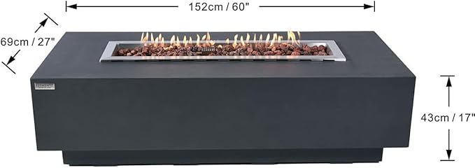 Elementi | Bundle Granville Gas Fire Pit Cast Concrete 60" Rectangular Fire Table, Outdoor Fire Pit Electronic Ignition | Canvas Cover, Lava Rock Included | Dark Gray (Natural Gas)
