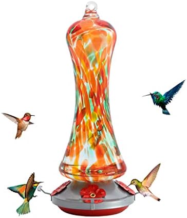 Glass Hummingbird Feeder for Outdoors: Orange Window Hanging Hummingbirds Presents for Women - Ant Moat Included, Metal Base with 4 Feeding Ports & Perch, Leak Proof, 20 fl.oz, Best Garden Decor