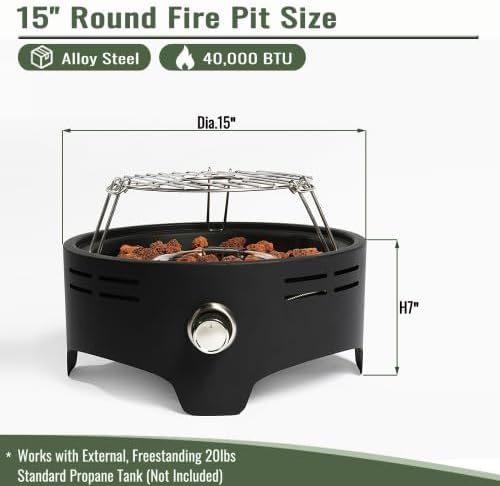 15" Portable Propane Tabletop Fire Pit, 40000 BTU Outdoor Gas Fire Bowl with Lid & Lava Rocks, Compact Steel Patio Heater for Camping, Balcony, Garden, Backyard, Easy Ignition & Adjustable Flame
