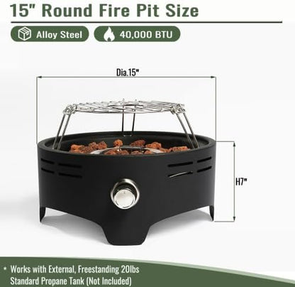 15" Portable Propane Tabletop Fire Pit, 40000 BTU Outdoor Gas Fire Bowl with Lid & Lava Rocks, Compact Steel Patio Heater for Camping, Balcony, Garden, Backyard, Easy Ignition & Adjustable Flame