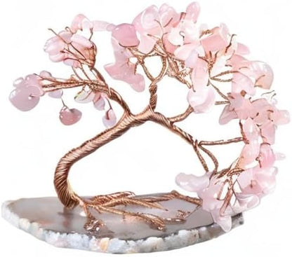 TUMBEELLUWA Reiki Crystal Money Tree with Agate Slice Base Feng Shui Stone Bonsai Tree Figure Decor for Happiness Good Luck and Wealth, Rose Quartz
